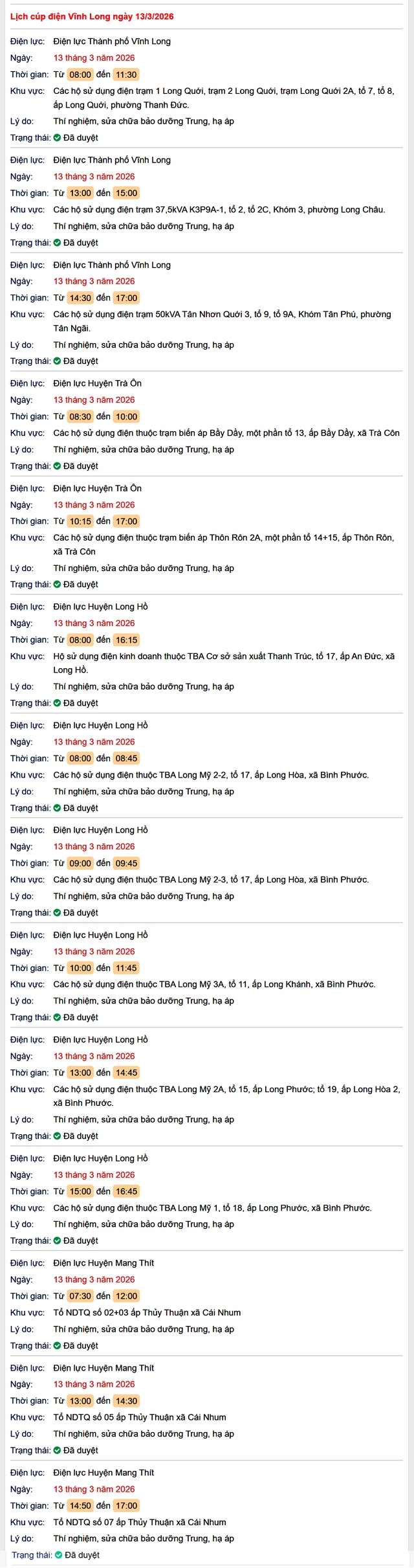 Tra cứu lịch cúp điện Vĩnh Long hôm nay Thứ 6 ngày 13/3/2026- Ảnh 1.