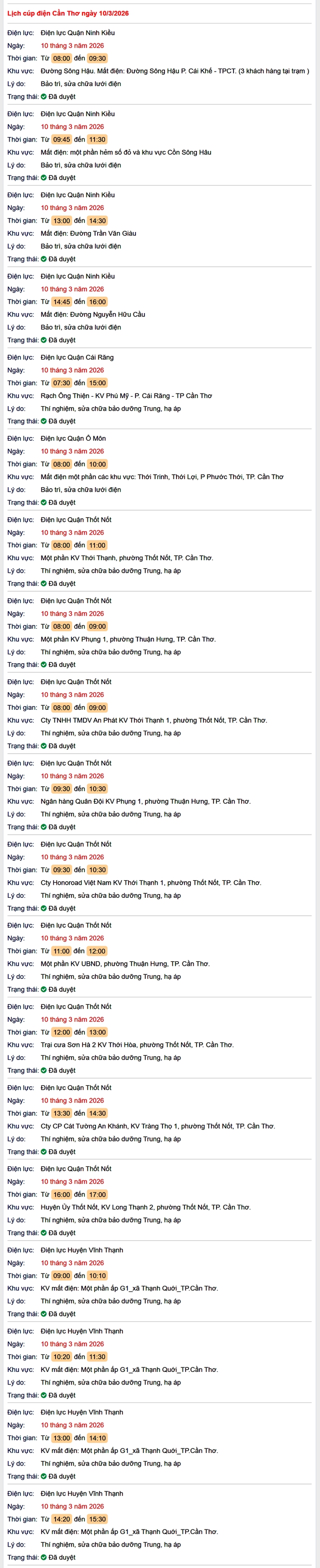 Tra cứu lịch cúp điện Cần Thơ hôm nay Thứ 3 ngày 10/3/2026- Ảnh 1.