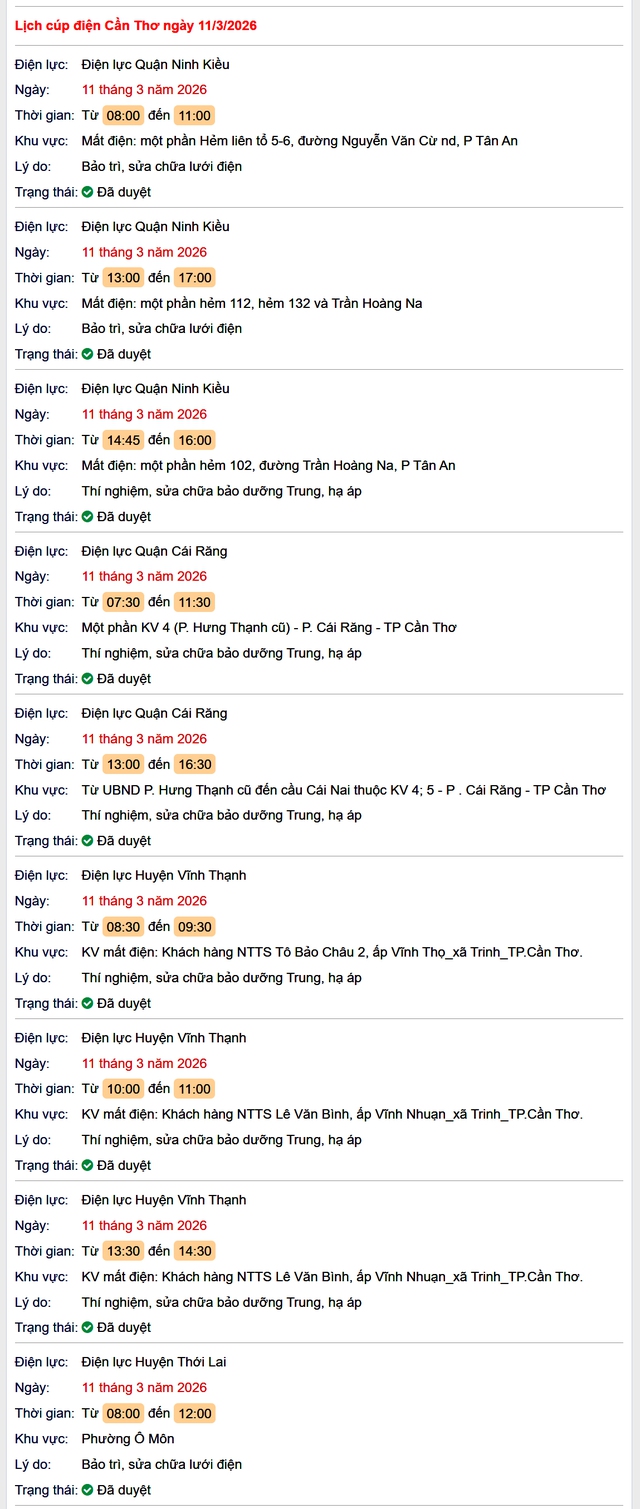 Tra cứu lịch cúp điện Cần Thơ hôm nay Thứ 4 ngày 11/3/2026- Ảnh 1. Tra cứu lịch cúp điện Cần Thơ hôm nay Thứ 4 ngày 11/3/2026- Ảnh 1.