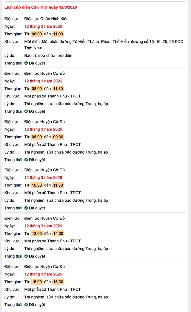 Tra cứu lịch cúp điện Cần Thơ hôm nay Thứ 5 ngày 12/3/2026- Ảnh 1.