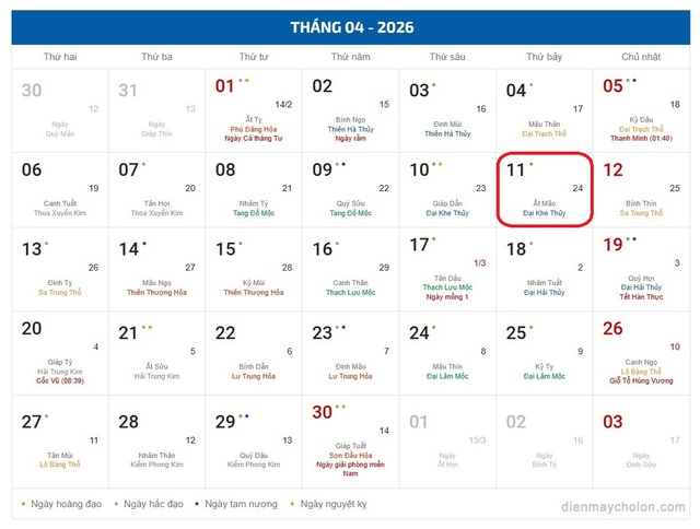 Âm lịch hôm nay 11/4 - Lịch âm 11/4 - Lịch vạn niên ngày 11/4/2026- Ảnh 1.