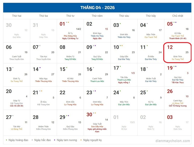Âm lịch hôm nay 12/4 - Lịch âm 12/4 - Lịch vạn niên ngày 12/4/2026- Ảnh 1. Âm lịch hôm nay 12/4 - Lịch âm 12/4 - Lịch vạn niên ngày 12/4/2026- Ảnh 1.
