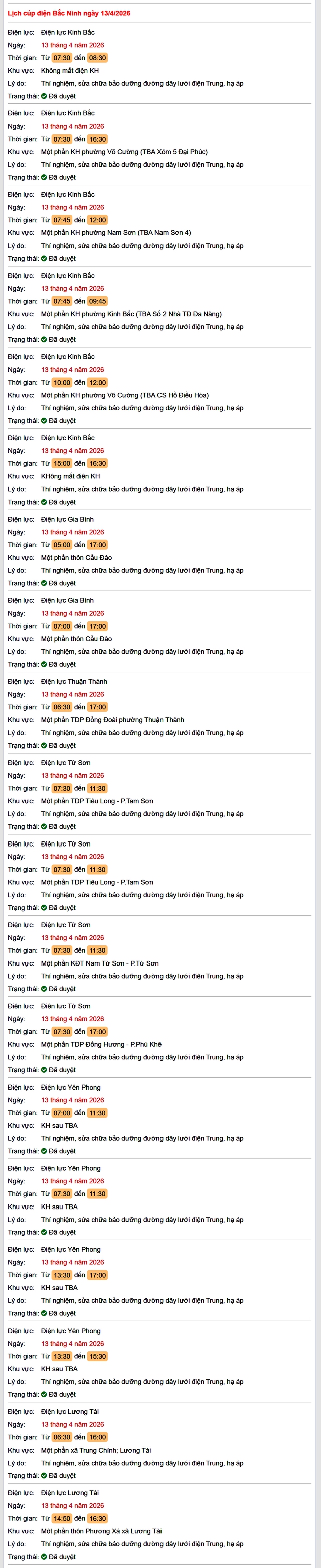 Tra cứu lịch cắt điện Bắc Ninh hôm nay Thứ 2 ngày 13/4/2026- Ảnh 1.