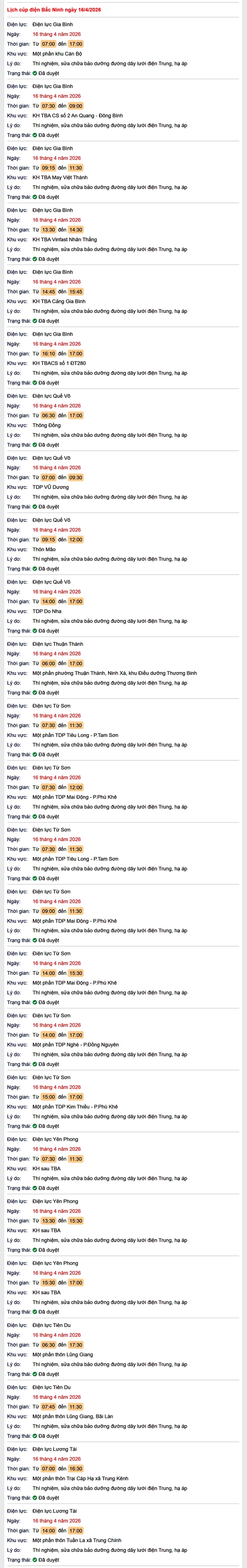 Tra cứu lịch cắt điện Bắc Ninh hôm nay Thứ 5 ngày 16/4/2026- Ảnh 1.
