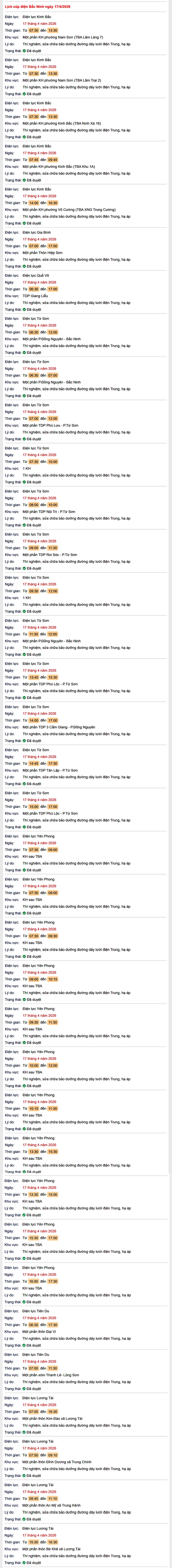 Tra cứu lịch cắt điện Bắc Ninh hôm nay Thứ 6 ngày 17/4/2026- Ảnh 1.