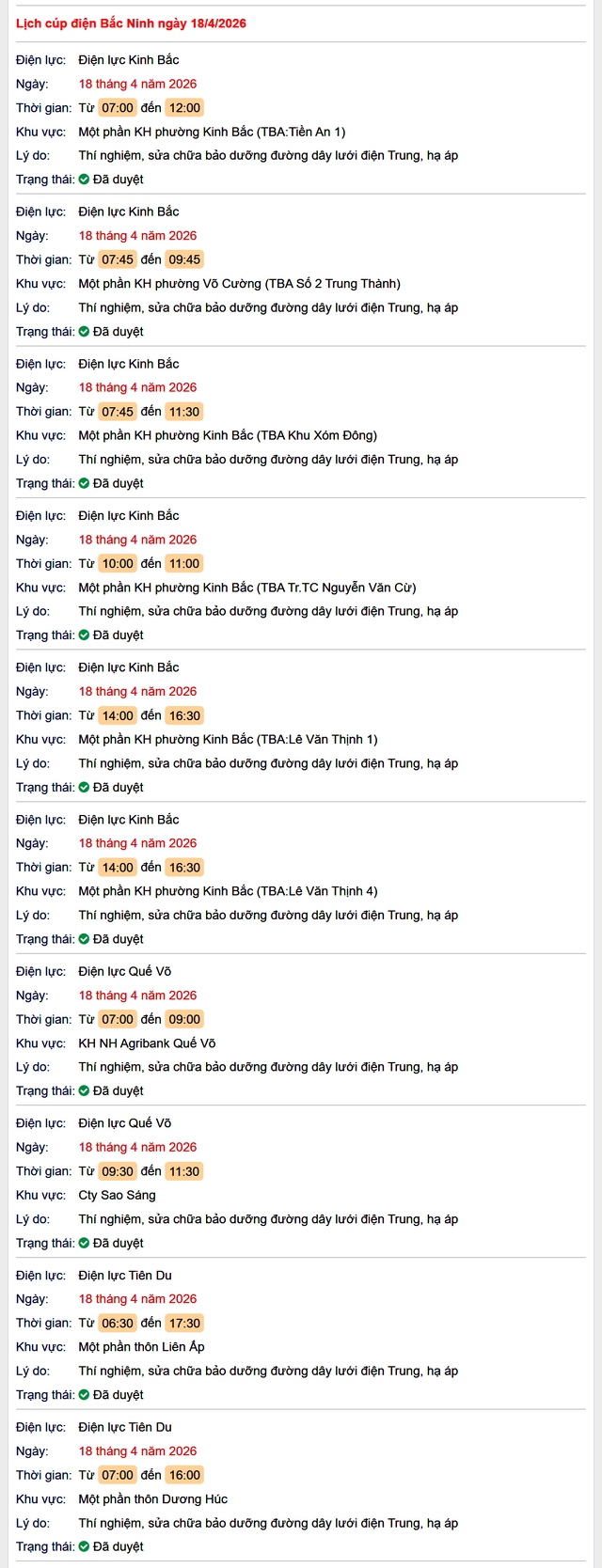 Tra cứu lịch cắt điện Bắc Ninh hôm nay Thứ 7 ngày 18/4/2026- Ảnh 1.