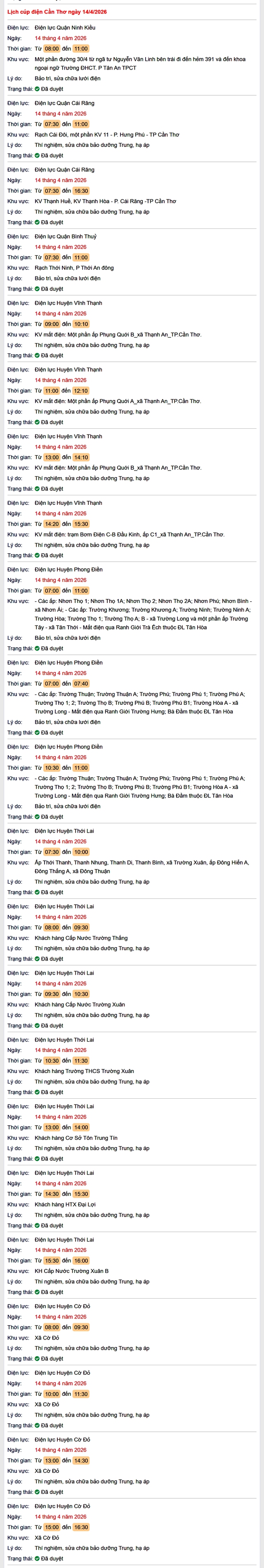 Tra cứu lịch cúp điện Cần Thơ hôm nay Thứ 3 ngày 14/4/2026- Ảnh 1. Tra cứu lịch cúp điện Cần Thơ hôm nay Thứ 3 ngày 14/4/2026- Ảnh 1.