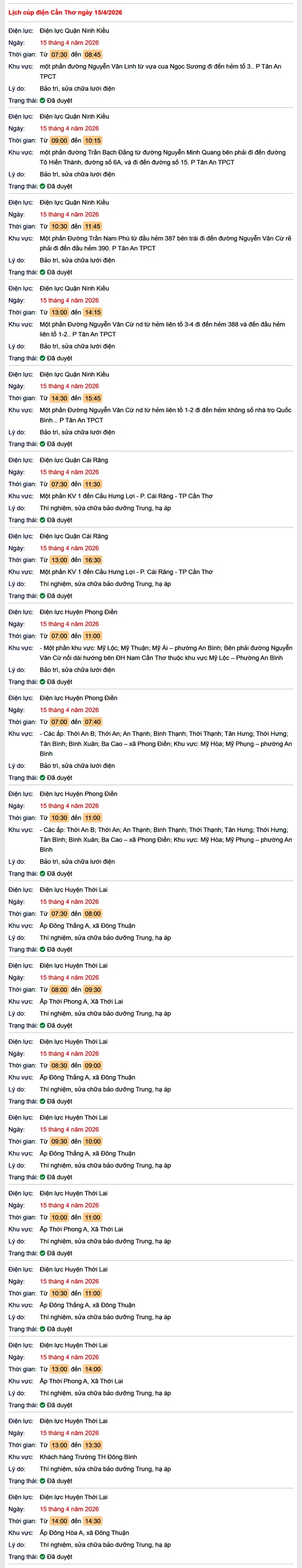 Tra cứu lịch cúp điện Cần Thơ hôm nay Thứ 4 ngày 15/4/2026- Ảnh 1. Tra cứu lịch cúp điện Cần Thơ hôm nay Thứ 4 ngày 15/4/2026- Ảnh 1.