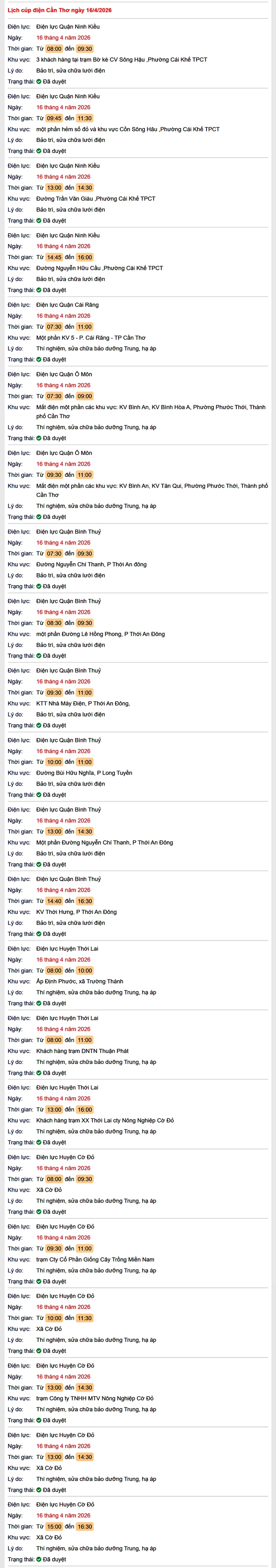 Tra cứu lịch cúp điện Cần Thơ hôm nay Thứ 5 ngày 16/4/2026- Ảnh 1.
