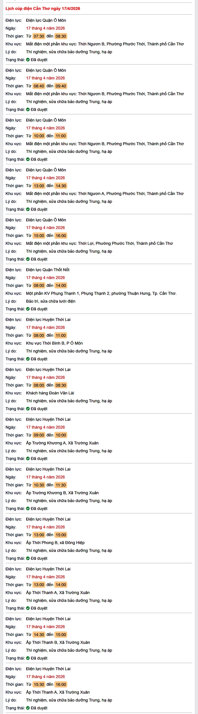 Tra cứu lịch cúp điện Cần Thơ hôm nay Thứ 6 ngày 17/4/2026- Ảnh 1.
