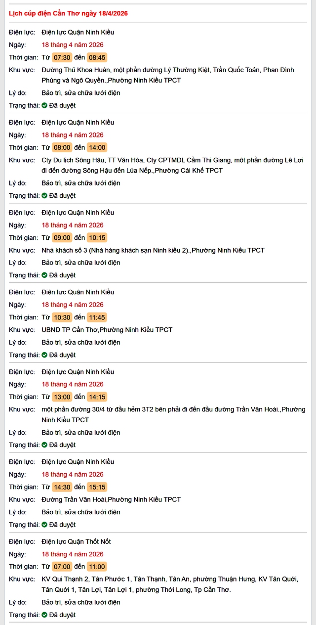 Tra cứu lịch cúp điện Cần Thơ hôm nay Thứ 7 ngày 18/4/2026- Ảnh 1.