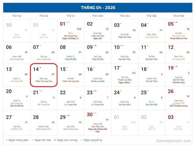Âm lịch hôm nay 14/4 - Lịch âm 14/4 - Lịch vạn niên ngày 14/4/2026- Ảnh 1. Âm lịch hôm nay 14/4 - Lịch âm 14/4 - Lịch vạn niên ngày 14/4/2026- Ảnh 1.