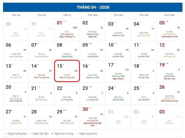 Âm lịch hôm nay 15/4 - Lịch âm 15/4 - Lịch vạn niên ngày 15/4/2026- Ảnh 1. Âm lịch hôm nay 15/4 - Lịch âm 15/4 - Lịch vạn niên ngày 15/4/2026- Ảnh 1.