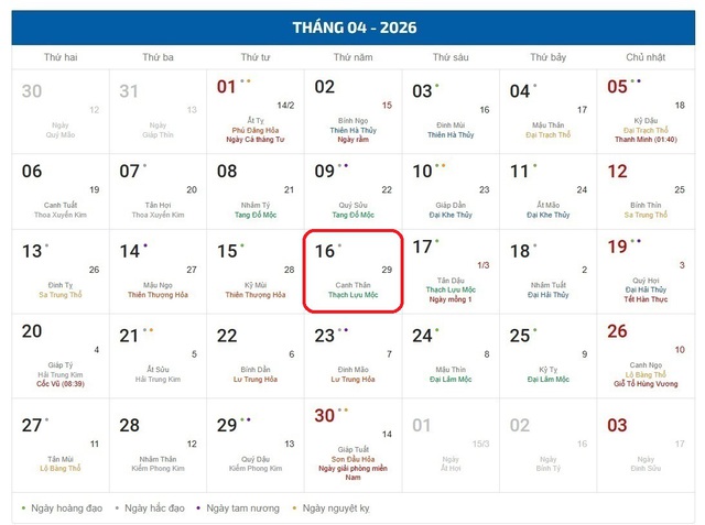 Âm lịch hôm nay 16/4 - Lịch âm 16/4 - Lịch vạn niên ngày 16/4/2026- Ảnh 1. Âm lịch hôm nay 16/4 - Lịch âm 16/4 - Lịch vạn niên ngày 16/4/2026- Ảnh 1.