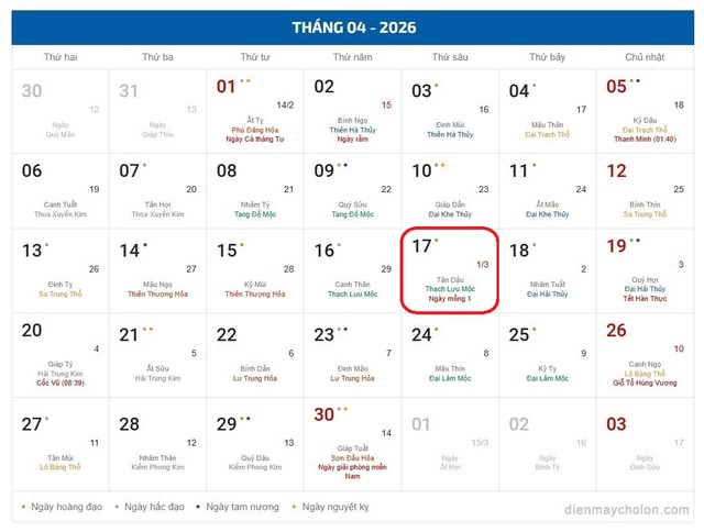 Âm lịch hôm nay 17/4 - Lịch âm 17/4 - Lịch vạn niên ngày 17/4/2026- Ảnh 1.