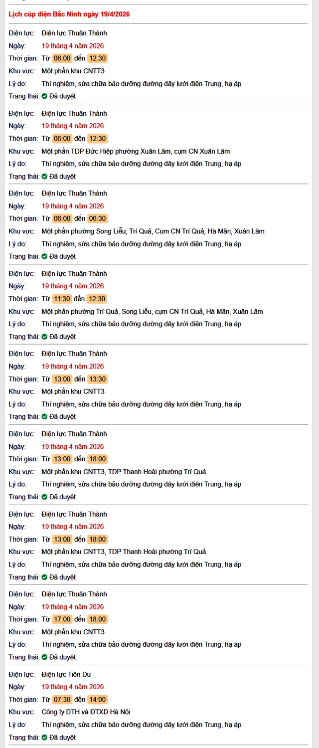 Tra cứu lịch cắt điện Bắc Ninh hôm nay Chủ Nhật ngày 19/4/2026- Ảnh 1.
