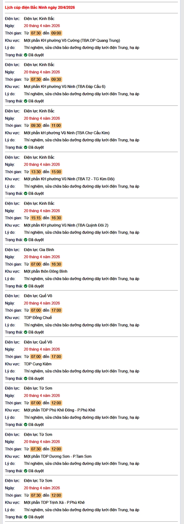 Tra cứu lịch cắt điện Bắc Ninh hôm nay Thứ 2 ngày 20/4/2026- Ảnh 1.