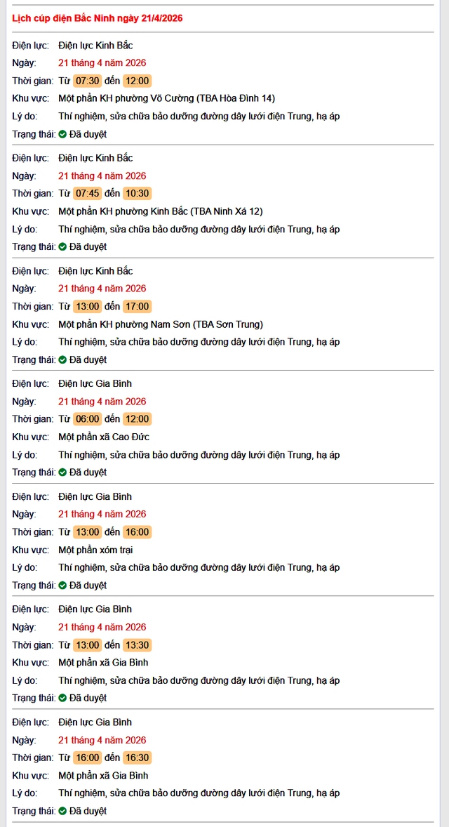 Tra cứu lịch cắt điện Bắc Ninh hôm nay Thứ 3 ngày 21/4/2026- Ảnh 1.