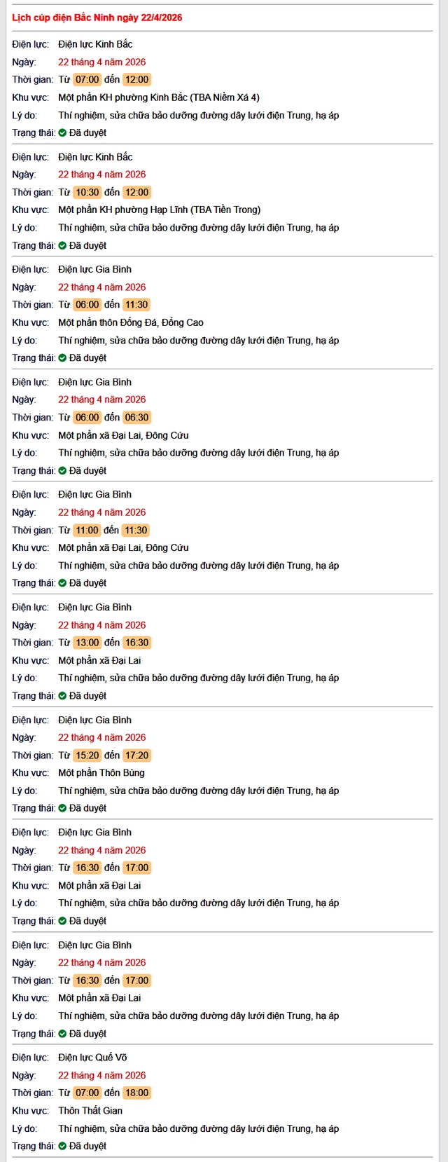 Tra cứu lịch cắt điện Bắc Ninh hôm nay Thứ 4 ngày 22/4/2026- Ảnh 1.