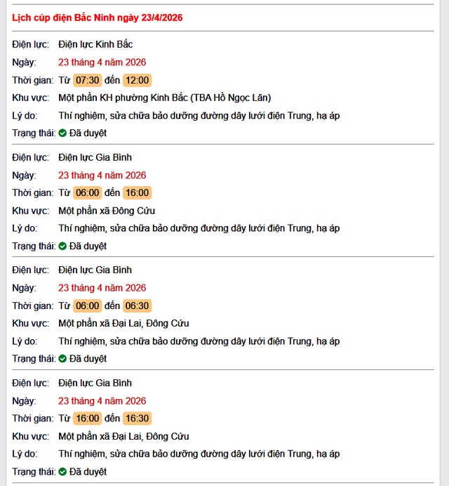 Tra cứu lịch cắt điện Bắc Ninh hôm nay Thứ 5 ngày 23/4/2026- Ảnh 1.