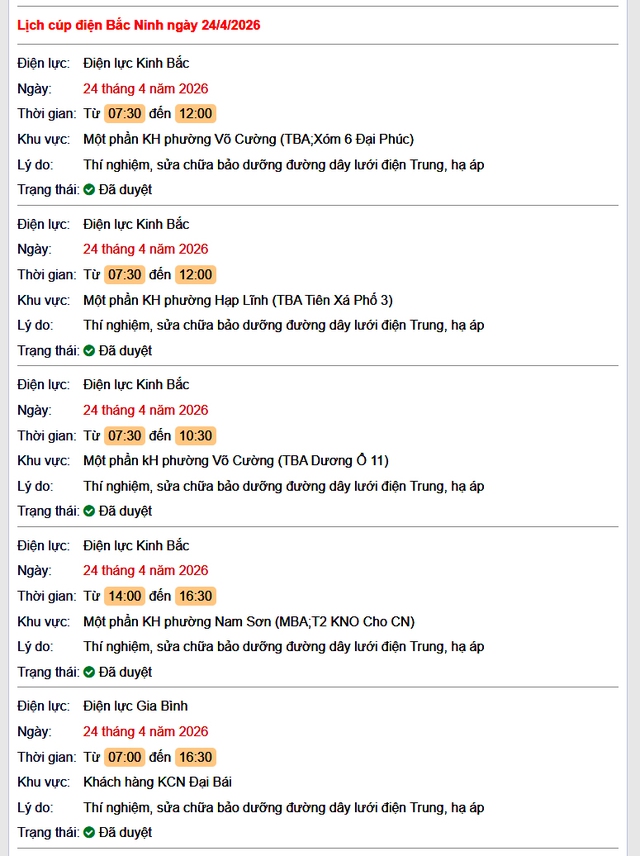 Tra cứu lịch cắt điện Bắc Ninh hôm nay Thứ 6 ngày 24/4/2026- Ảnh 1.