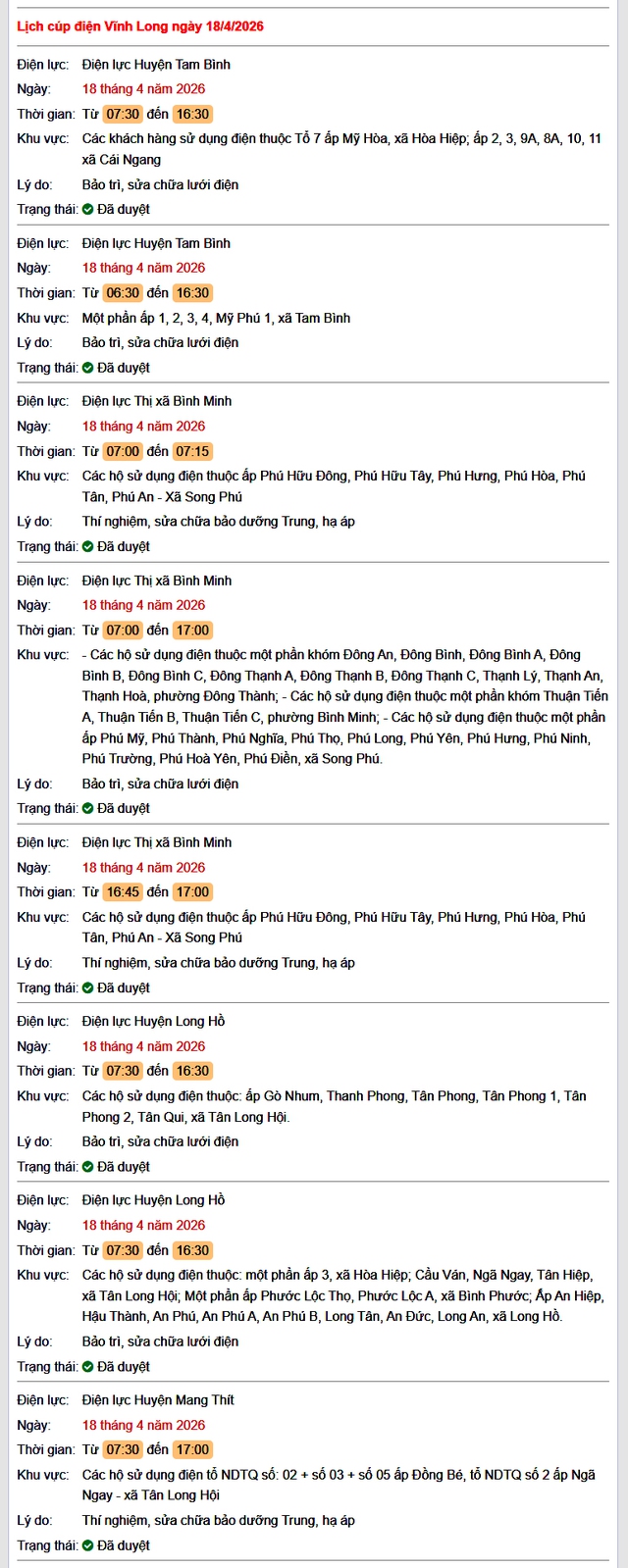 Tra cứu lịch cúp điện Vĩnh Long hôm nay Thứ 7 ngày 18/4/2026- Ảnh 1.