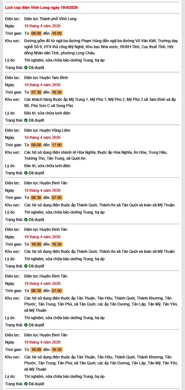 Tra cứu lịch cúp điện Vĩnh Long hôm nay Chủ Nhật ngày 19/4/2026- Ảnh 1.