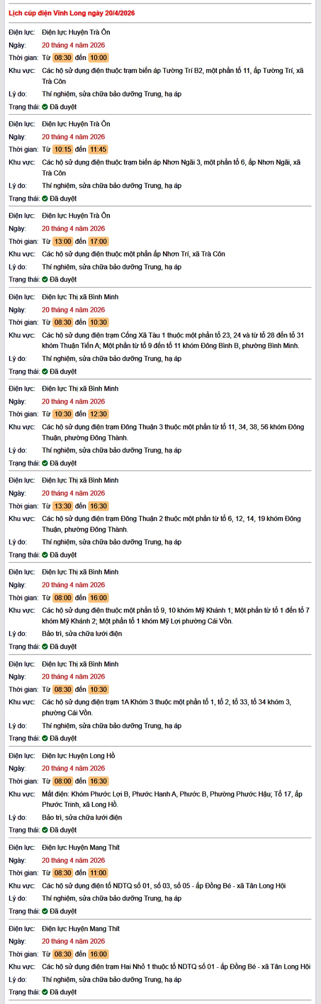 Tra cứu lịch cúp điện Vĩnh Long hôm nay Thứ 2 ngày 20/4/2026- Ảnh 1.