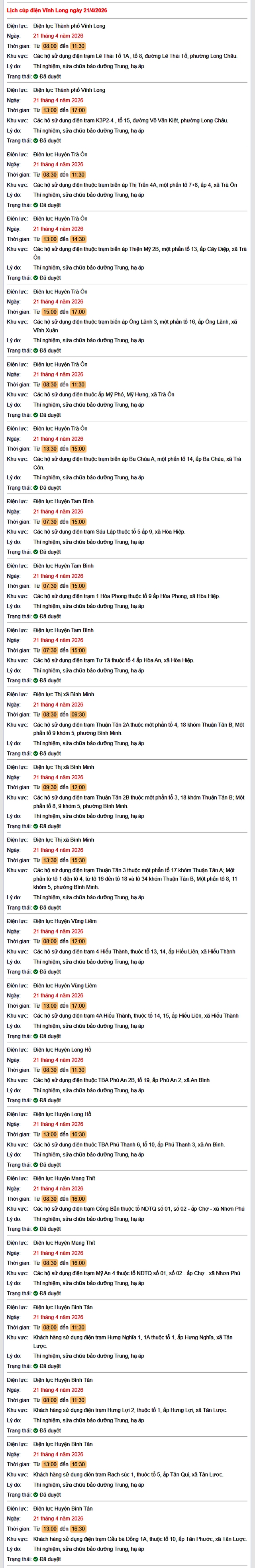 Tra cứu lịch cúp điện Vĩnh Long hôm nay Thứ 3 ngày 21/4/2026- Ảnh 1.