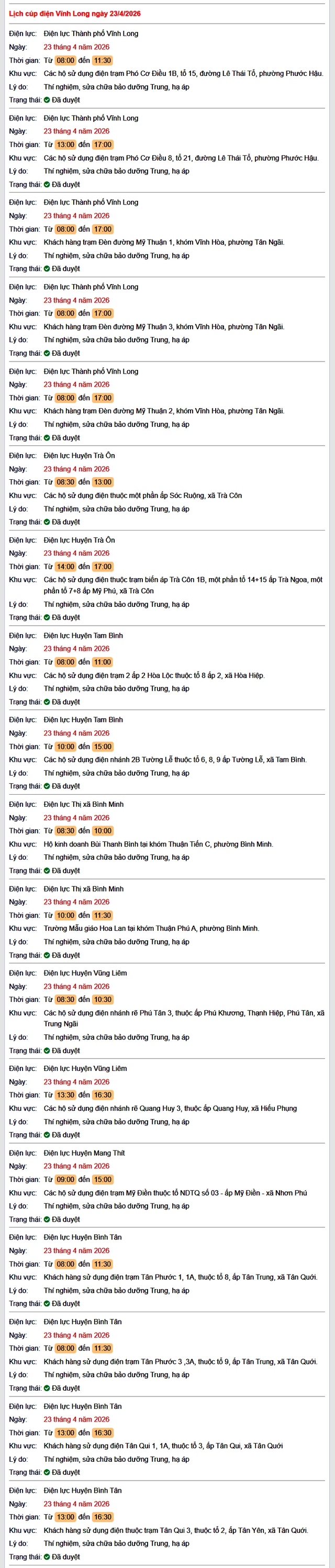 Tra cứu lịch cúp điện Vĩnh Long hôm nay Thứ 5 ngày 23/4/2026- Ảnh 1.