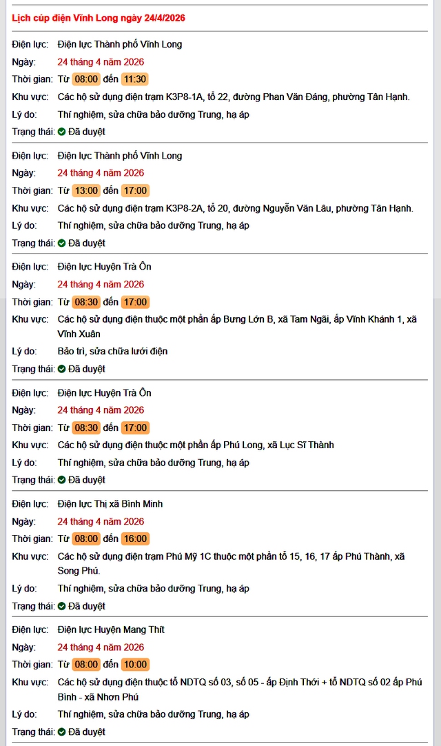 Tra cứu lịch cúp điện Vĩnh Long hôm nay Thứ 4 ngày 22/4/2026- Ảnh 1.