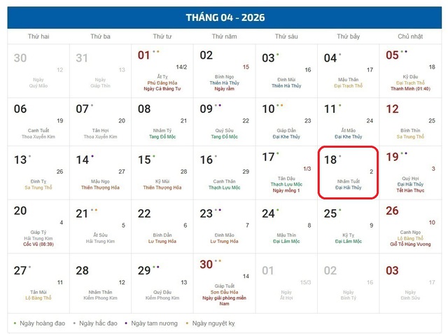 Âm lịch hôm nay 18/4 - Lịch âm 18/4 - Lịch vạn niên ngày 18/4/2026- Ảnh 1.