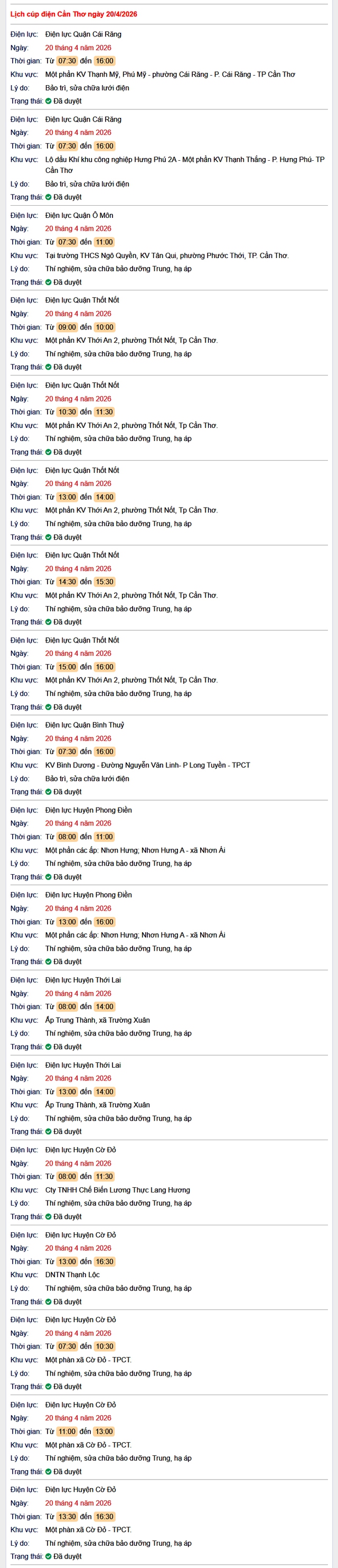 Tra cứu lịch cúp điện Cần Thơ hôm nay Thứ 2 ngày 20/4/2026- Ảnh 1.