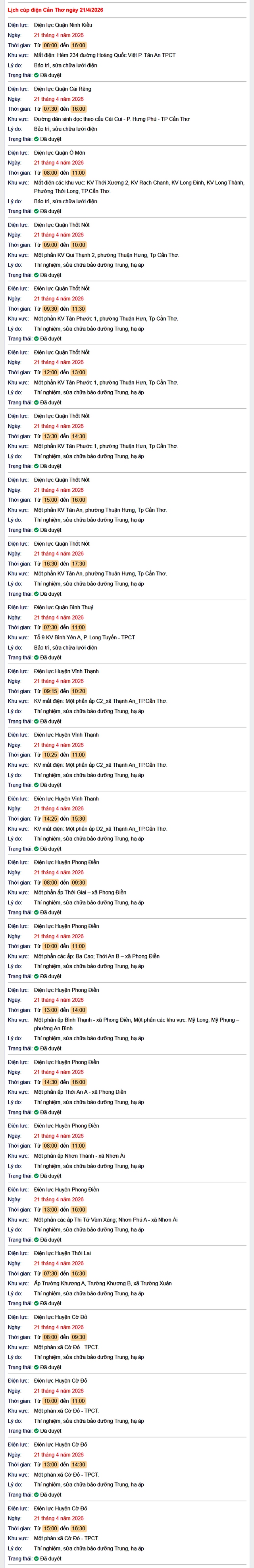 Tra cứu lịch cúp điện Cần Thơ hôm nay Thứ 3 ngày 21/4/2026- Ảnh 1.