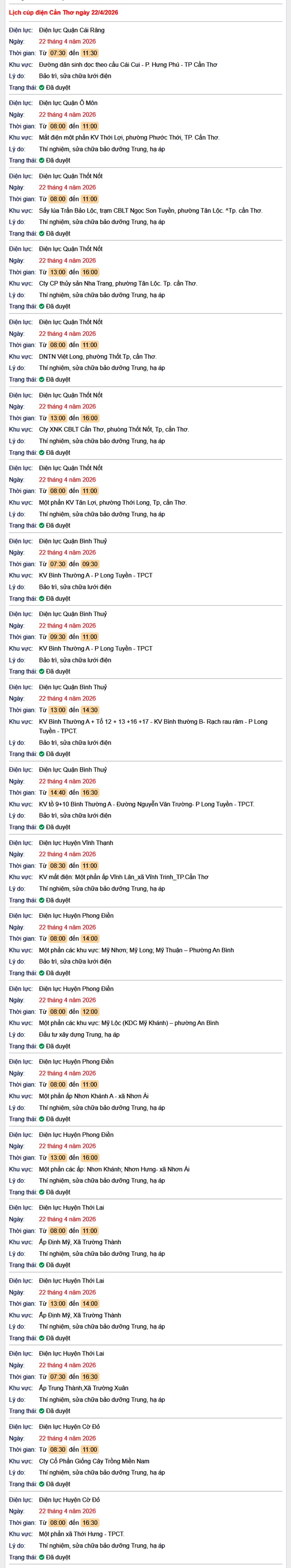 Tra cứu lịch cúp điện Cần Thơ hôm nay Thứ 4 ngày 22/4/2026- Ảnh 1.