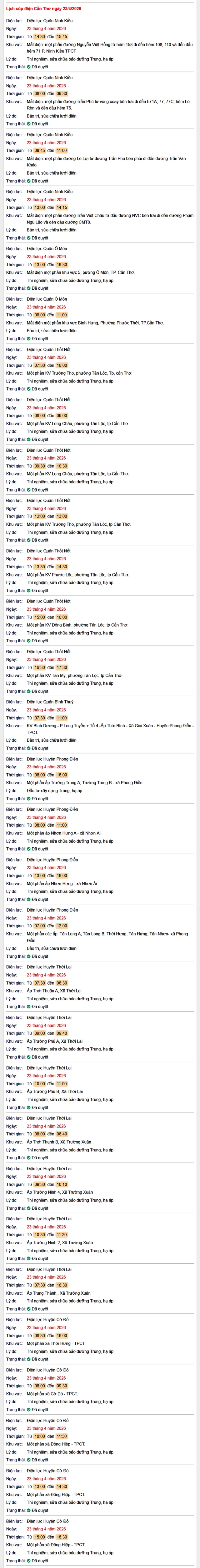 Tra cứu lịch cúp điện Cần Thơ hôm nay Thứ 5 ngày 23/4/2026- Ảnh 1.