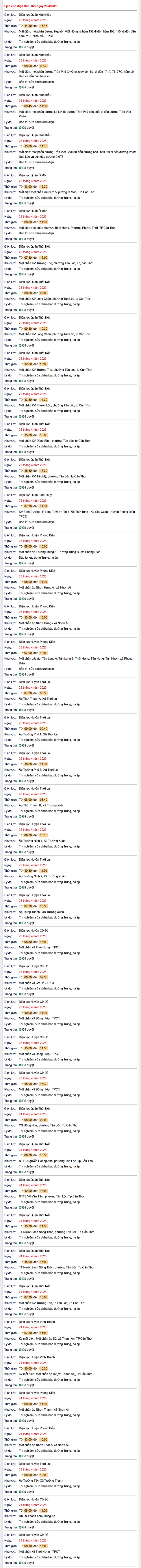 Tra cứu lịch cúp điện Cần Thơ hôm nay Thứ 6 ngày 24/4/2026- Ảnh 1.