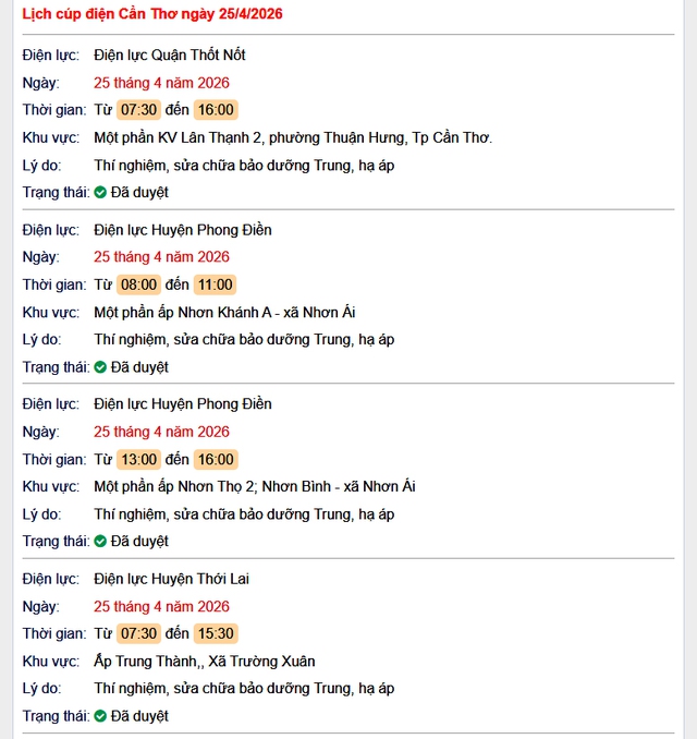 Tra cứu lịch cúp điện Cần Thơ hôm nay Thứ 7 ngày 25/4/2026- Ảnh 1.