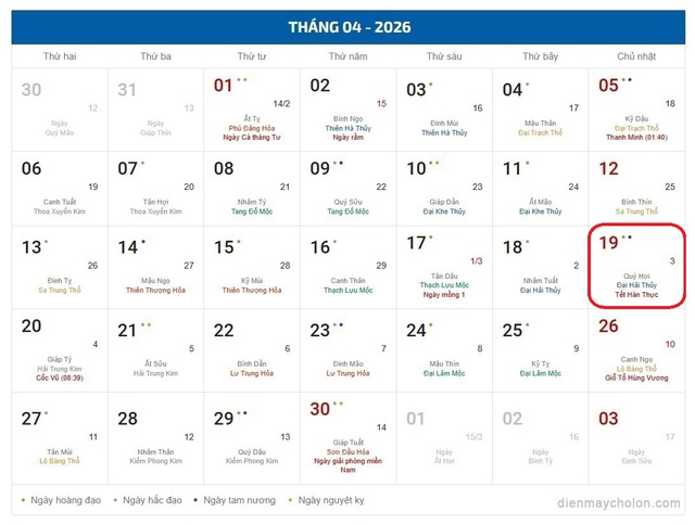 Âm lịch hôm nay 19/4 - Lịch âm 19/4 - Lịch vạn niên ngày 19/4/2026- Ảnh 1.