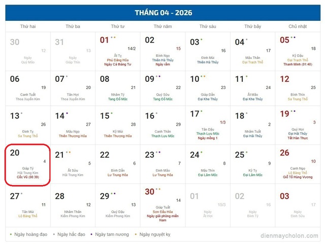 Âm lịch hôm nay 20/4 - Lịch âm 20/4 - Lịch vạn niên ngày 20/4/2026- Ảnh 1.
