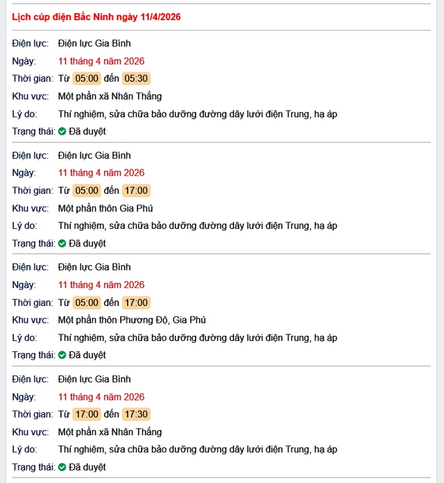 Tra cứu lịch cắt điện Bắc Ninh hôm nay Thứ 7 ngày 11/4/2026- Ảnh 1.