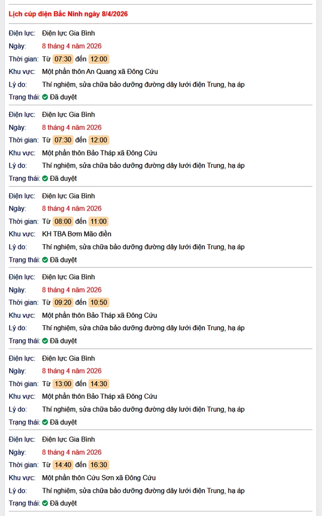 Tra cứu lịch cắt điện Bắc Ninh hôm nay Thứ 4 ngày 8/4/2026- Ảnh 1.