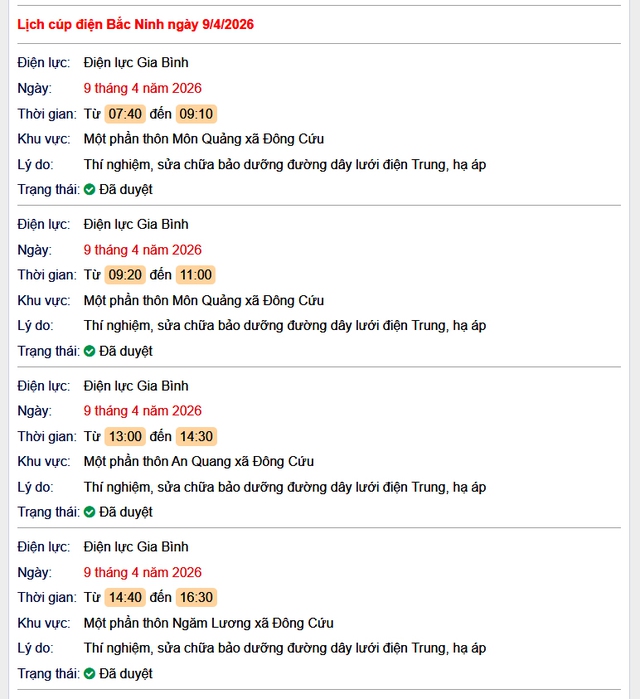 Tra cứu lịch cắt điện Bắc Ninh hôm nay Thứ 5 ngày 9/4/2026- Ảnh 1.