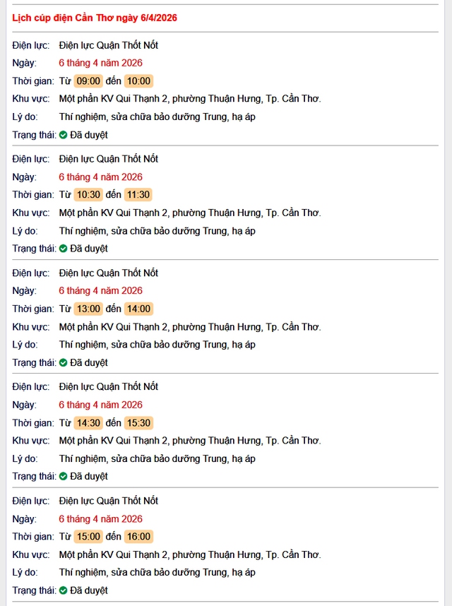 Tra cứu lịch cúp điện Cần Thơ hôm nay Thứ 2 ngày 6/4/2026- Ảnh 1.