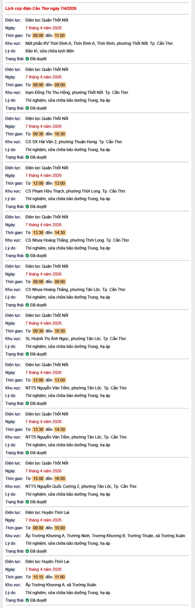 Tra cứu lịch cúp điện Cần Thơ hôm nay Thứ 3 ngày 7/4/2026- Ảnh 1.