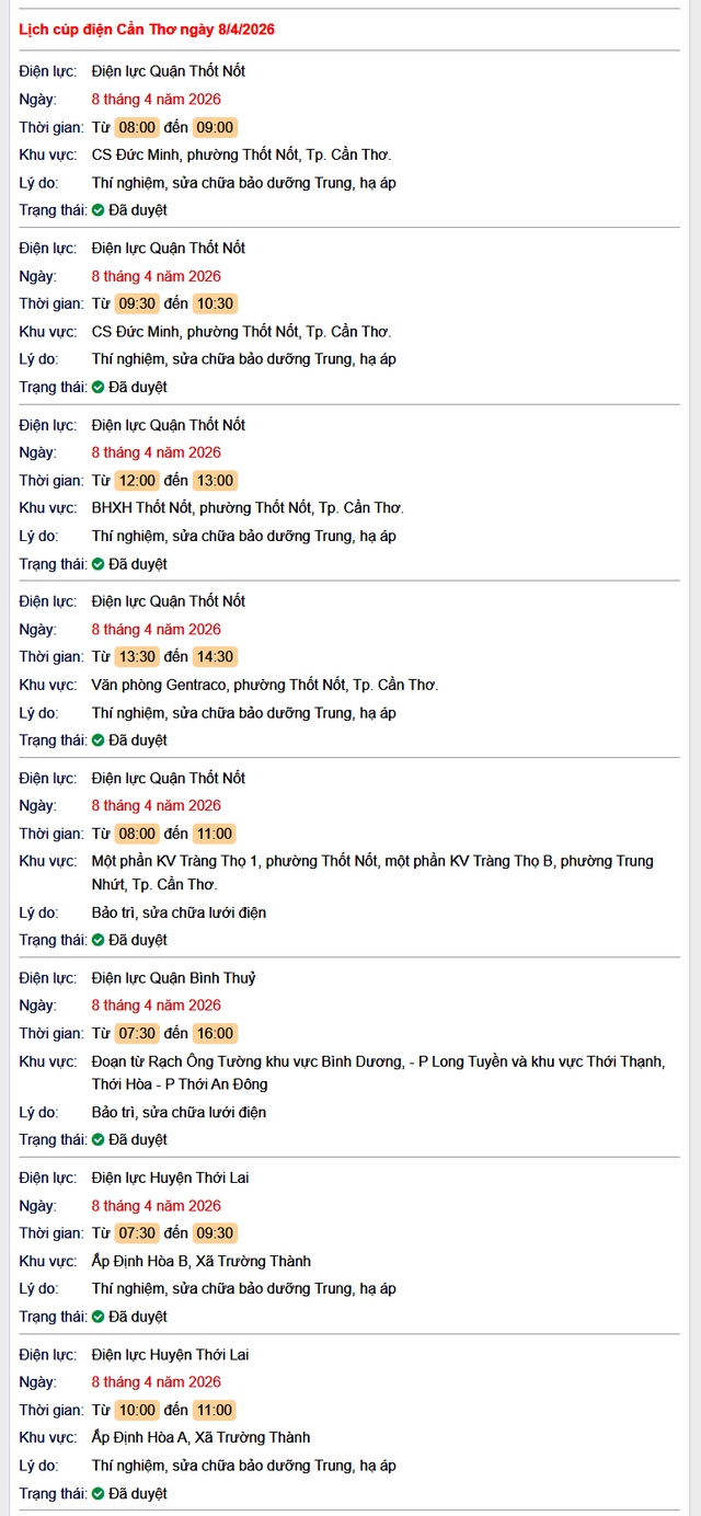 Tra cứu lịch cúp điện Cần Thơ hôm nay Thứ 4 ngày 8/4/2026- Ảnh 1.