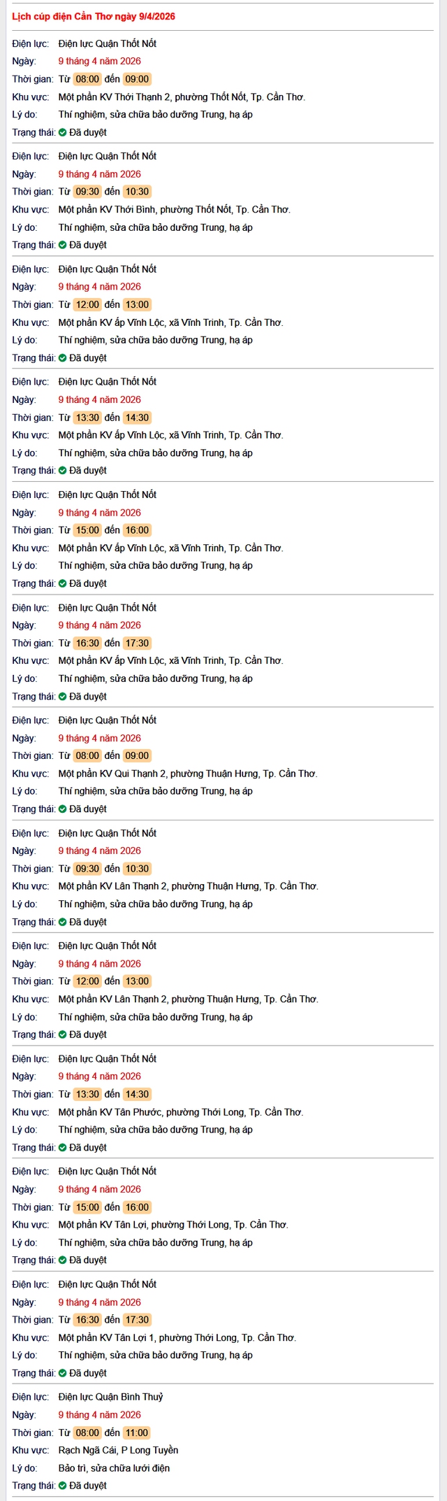 Tra cứu lịch cúp điện Cần Thơ hôm nay Thứ 5 ngày 9/4/2026- Ảnh 1.