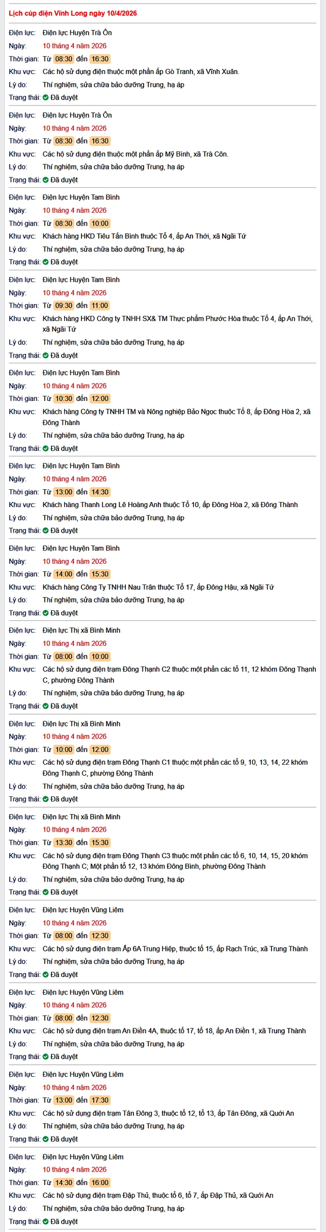 Tra cứu lịch cúp điện Vĩnh Long hôm nay Thứ 6 ngày 10/4/2026- Ảnh 1.