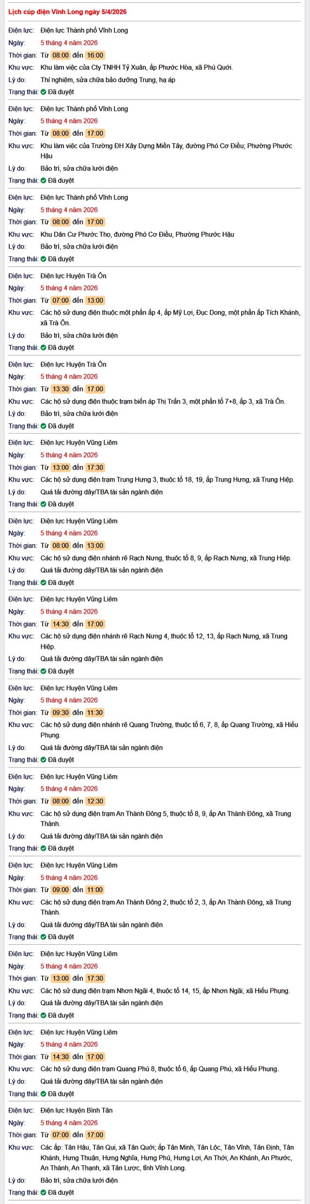 Tra cứu lịch cúp điện Vĩnh Long hôm nay Chủ Nhật ngày 5/4/2026- Ảnh 1.