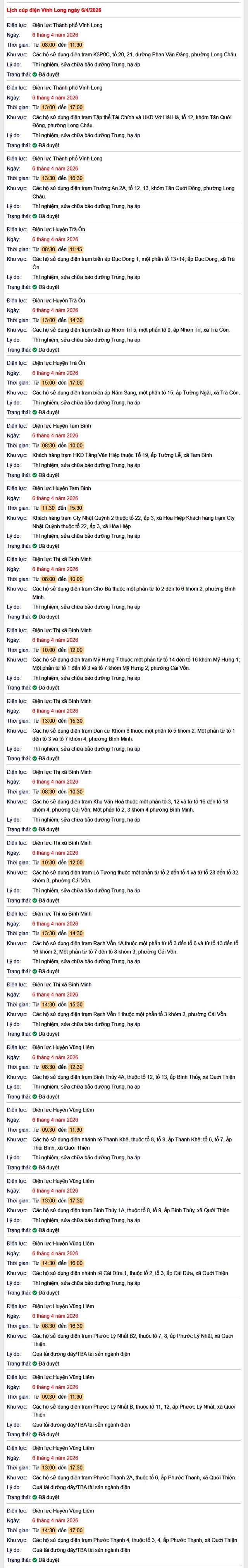 Tra cứu lịch cúp điện Vĩnh Long hôm nay Thứ 2 ngày 6/4/2026- Ảnh 1.